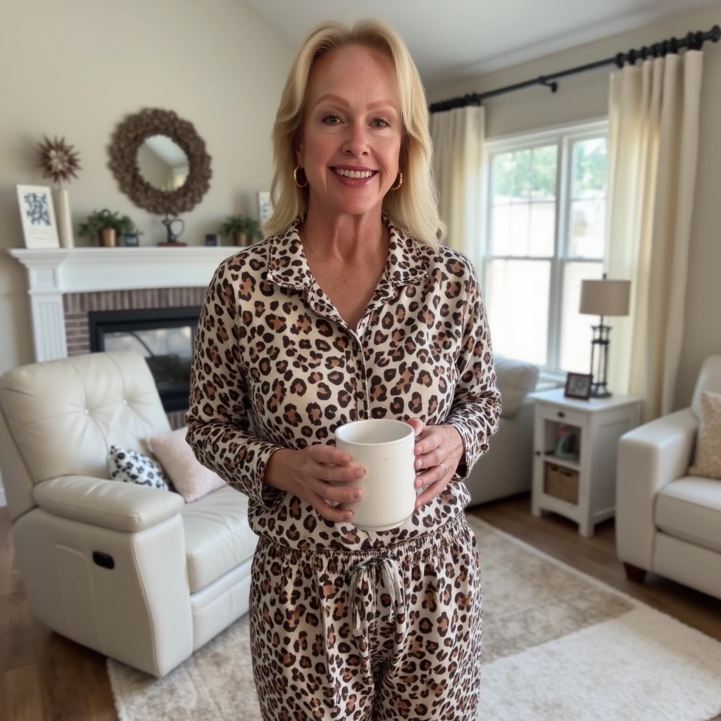 Teacher mom smiling at her kitchen table with a laptop